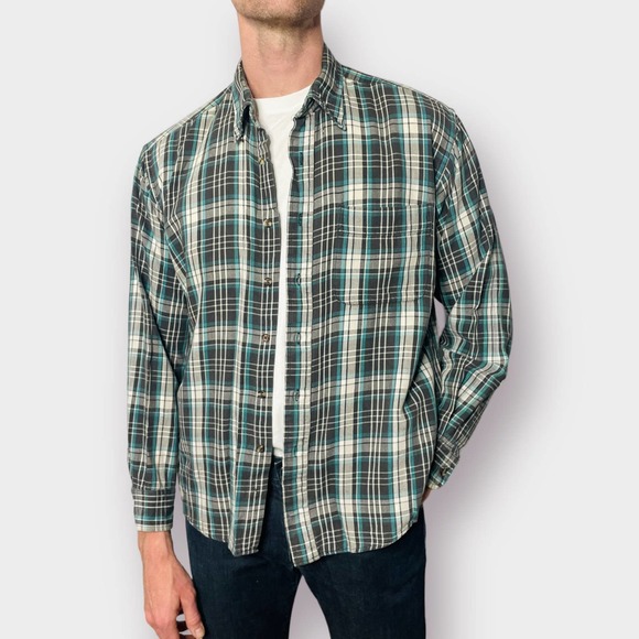 90s Members Only Teal‎ and Gray Plaid Button Down - Picture 2 of 4